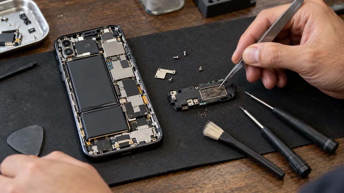 Alto-falante retirado do celular com areia e oxidação nos contatos, ao lado de uma pinça