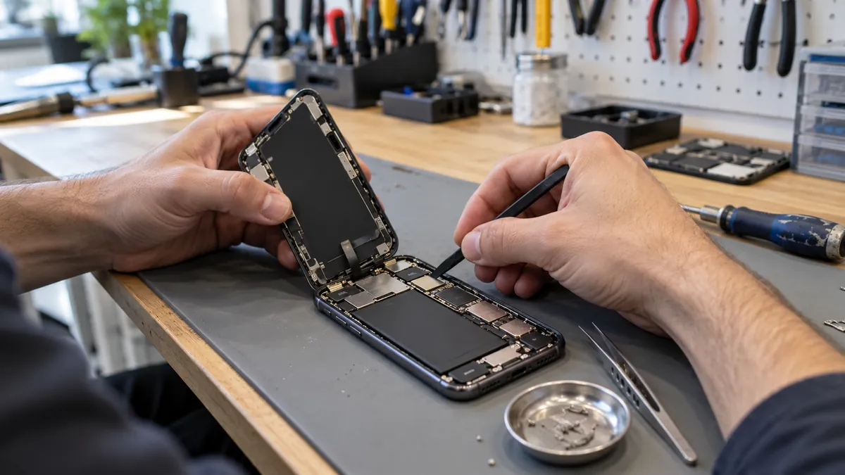 iPhone aberto na bancada, com a tela virada para o lado e o técnico soltando o conector da bateria