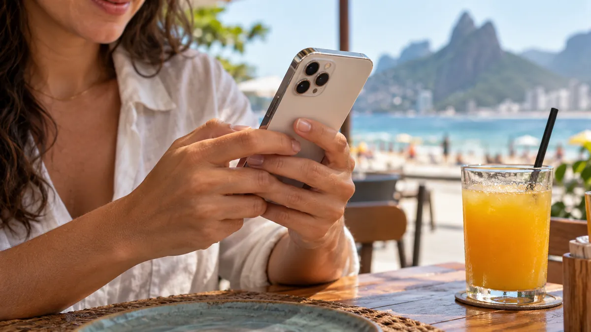 Mulher usando o celular em um café de frente para a praia, com o Morro Dois Irmãos ao fundo, no Leblon