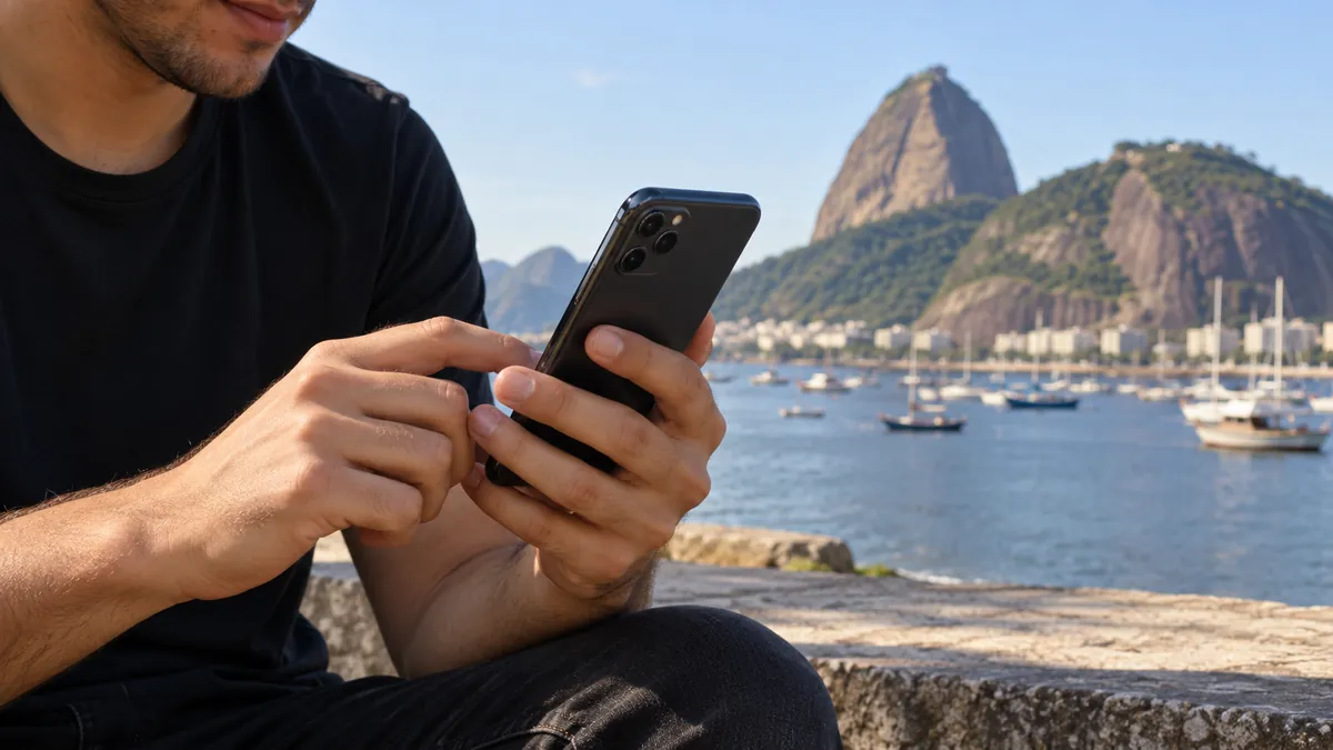 Rapaz na Mureta da Urca examinando o celular que caiu, com o Pão de Açúcar ao fundo