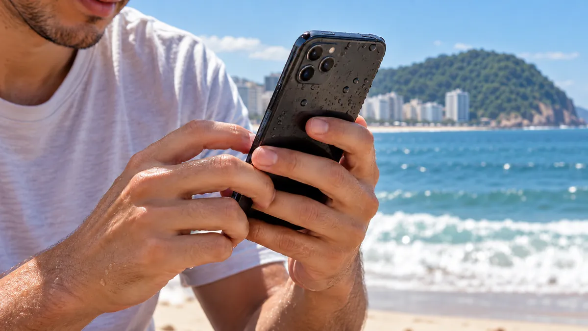 Homem na praia de Copacabana segurando o celular molhado, com gotas de água do mar, e o Morro do Leme ao fundo