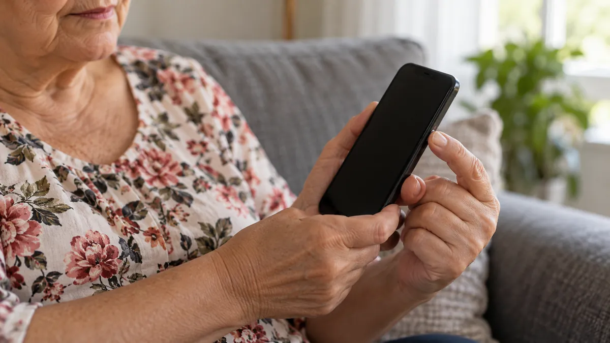 Senhora no sofá de casa segurando um celular com a tela apagada, que não liga