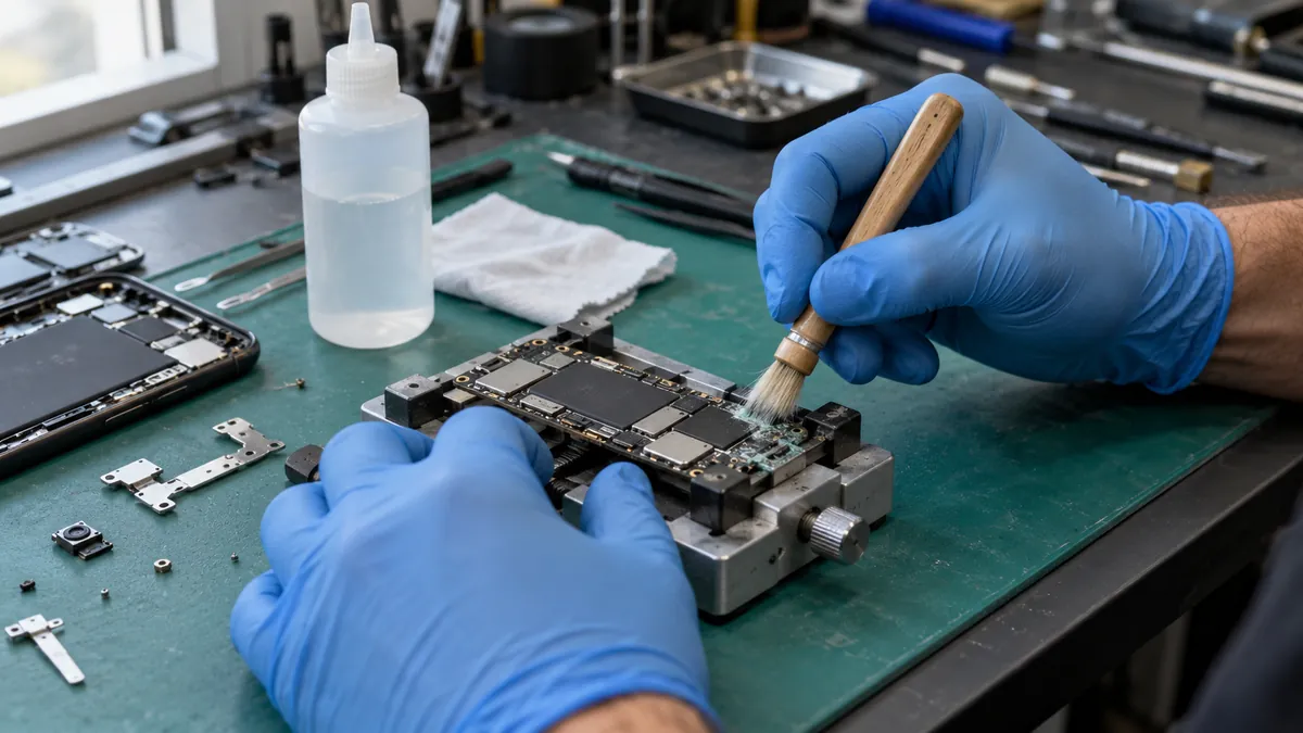 Placa de celular com oxidação sendo limpa com pincel e álcool isopropílico na bancada