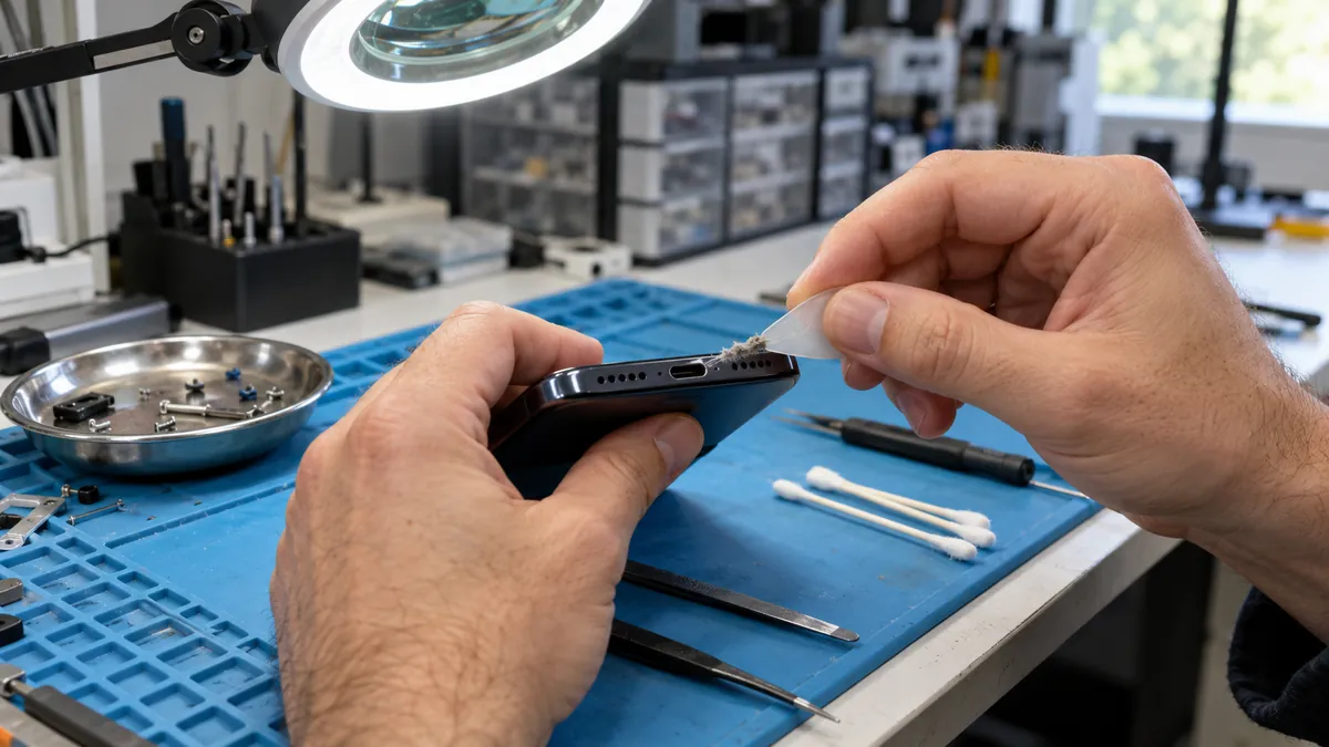 Mãos do técnico retirando fiapos da entrada de carga do celular, sob uma lupa com luz
