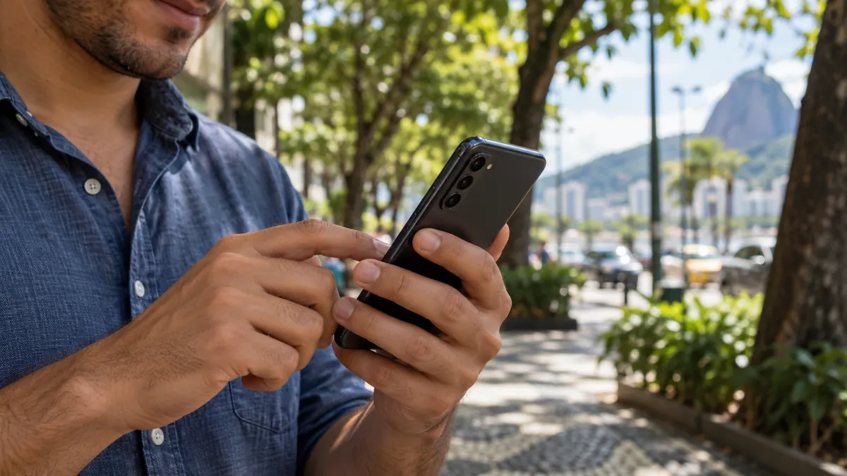 Homem usando o celular em uma calçada arborizada de Botafogo, com o Pão de Açúcar ao fundo