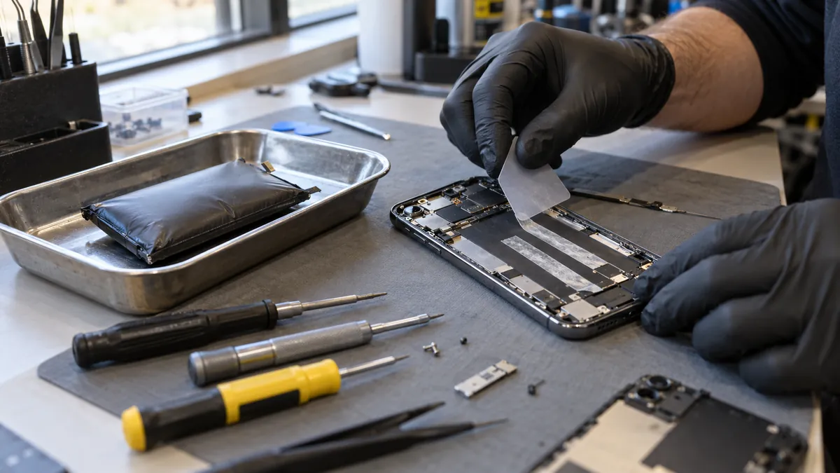 Bateria estufada retirada do celular, sobre uma bandeja metálica na bancada